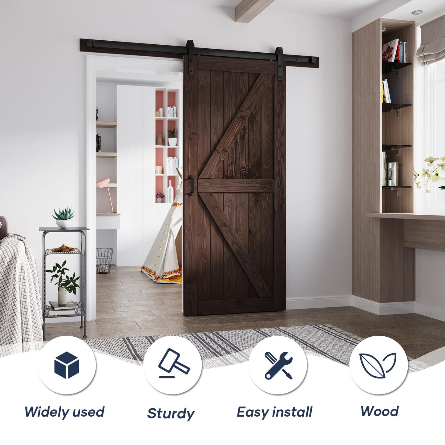 FREDBECK 36in x 80in Brown Barn Door with 6.6ft (79inch) Barn Door Hardware Track Kit and Handle Included, Double Surfaces,Simple Assembly is Required,K-Frame,Coffee