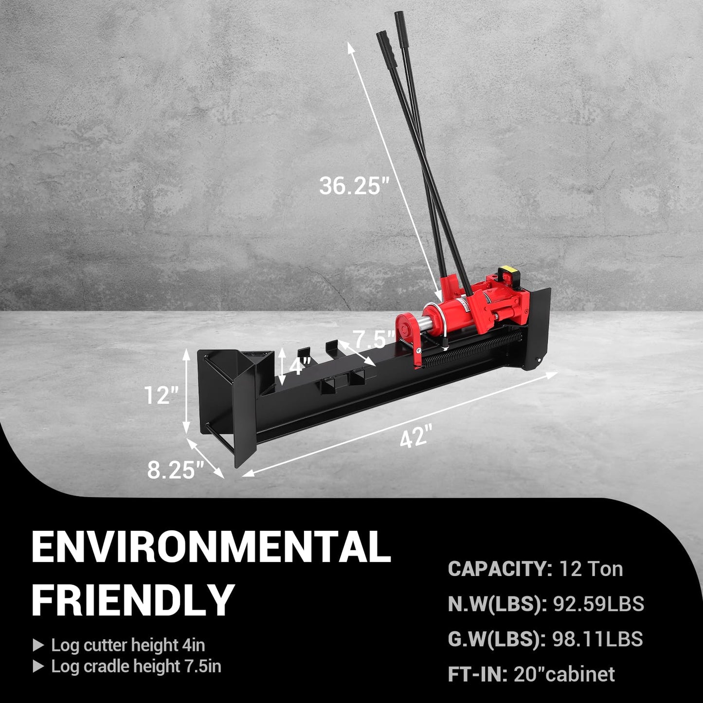 GarveeTech 12 T Hydraulic Log Splitter Wood Cutter, Manual Log Splitter with Horizontal Full Steel Beam & Built-in Wheel