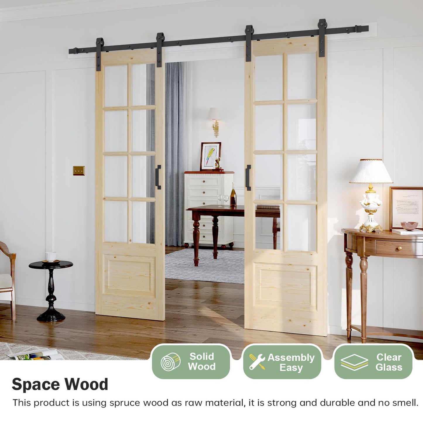 Roymelo Preassembled 48x84 (Double 24x84) Inch Clear Glass French Interior Door with 8Ft Barn Door Hardware Kit Included, Spruce Wood Support DIY Dyeing, Easy Assembly