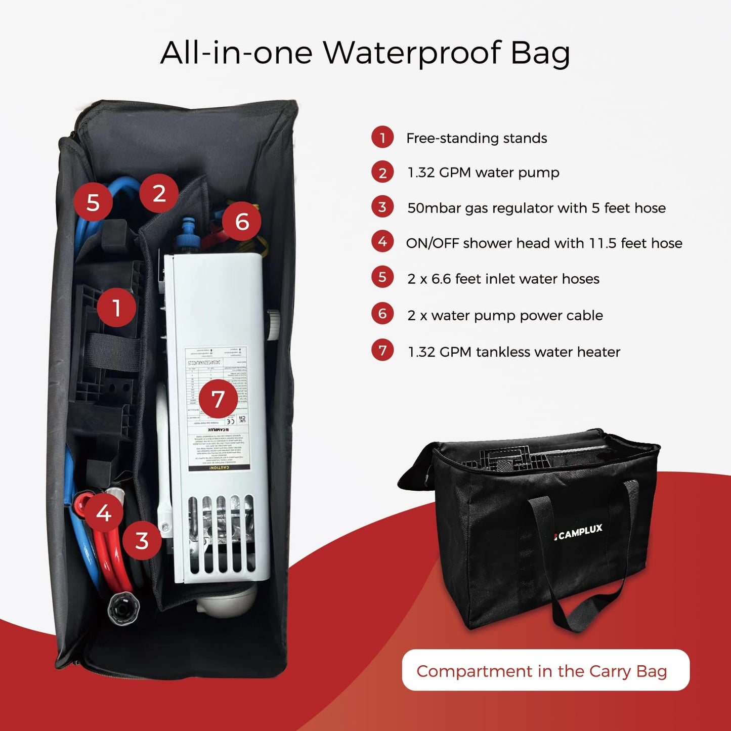 CAMPLUX 1.32 GPM Portable Outdoor Tankless Water Heater Propane Instant Hot Camping Shower Pump w/Freestanding Stand and Carry Bag, AY132GMax, Gray