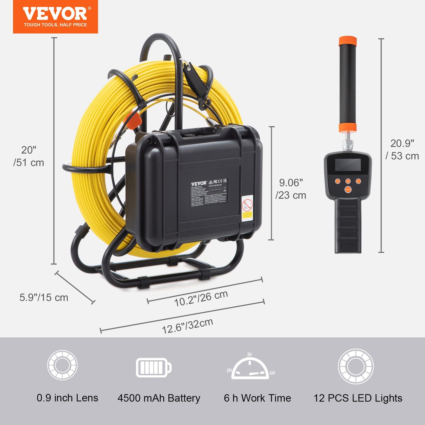 VEVOR Sewer Camera with 512Hz Locator, 165 ft/50 m, 9" Pipeline Inspection Camera with DVR Function, IP68 Camera with 12 Adjustable LEDs, 16GB SD Card for Sewer Line, Home, Duct Drain Pipe Plumbing