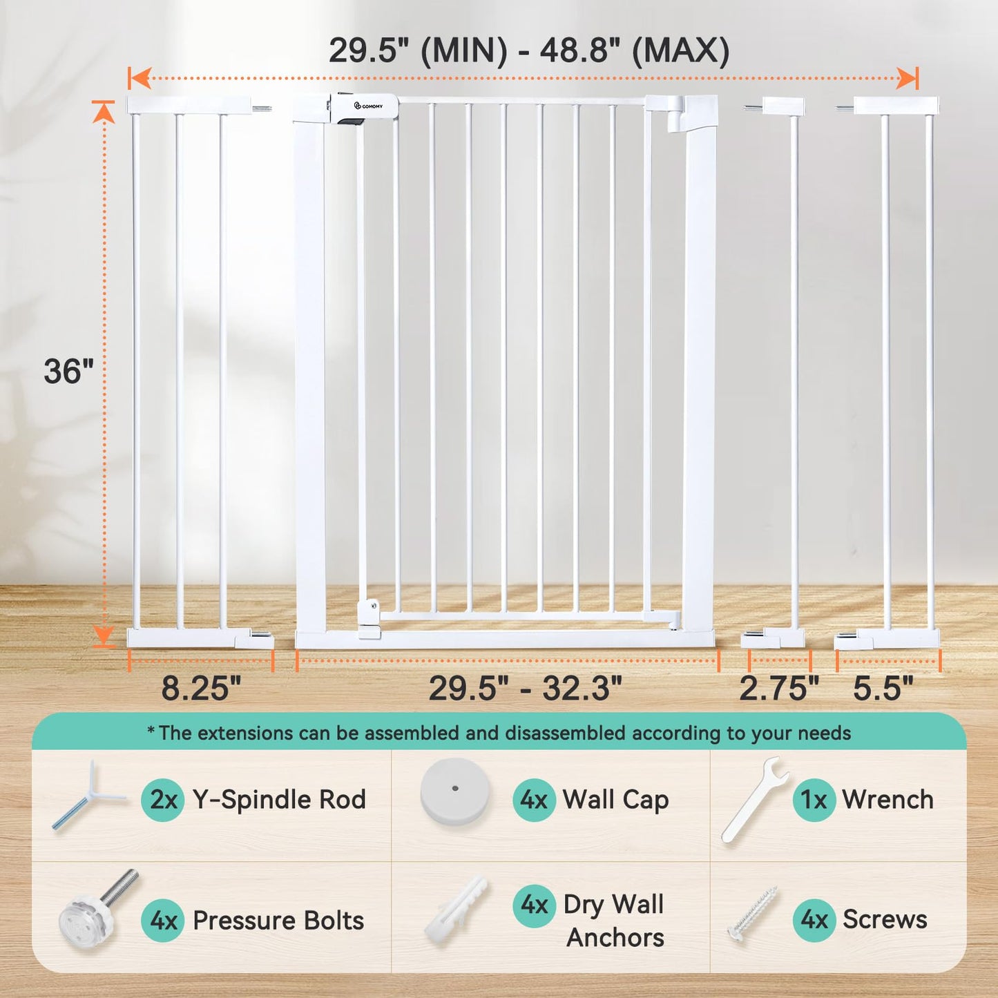 COMOMY 36" Extra Tall Baby Gate for Stairs Doorways, Fits Openings 29.5" to 48.8" Wide, Auto Close Extra Wide Dog Gate for House, Pressure Mounted Easy Walk Through Pet Gate with Door, White