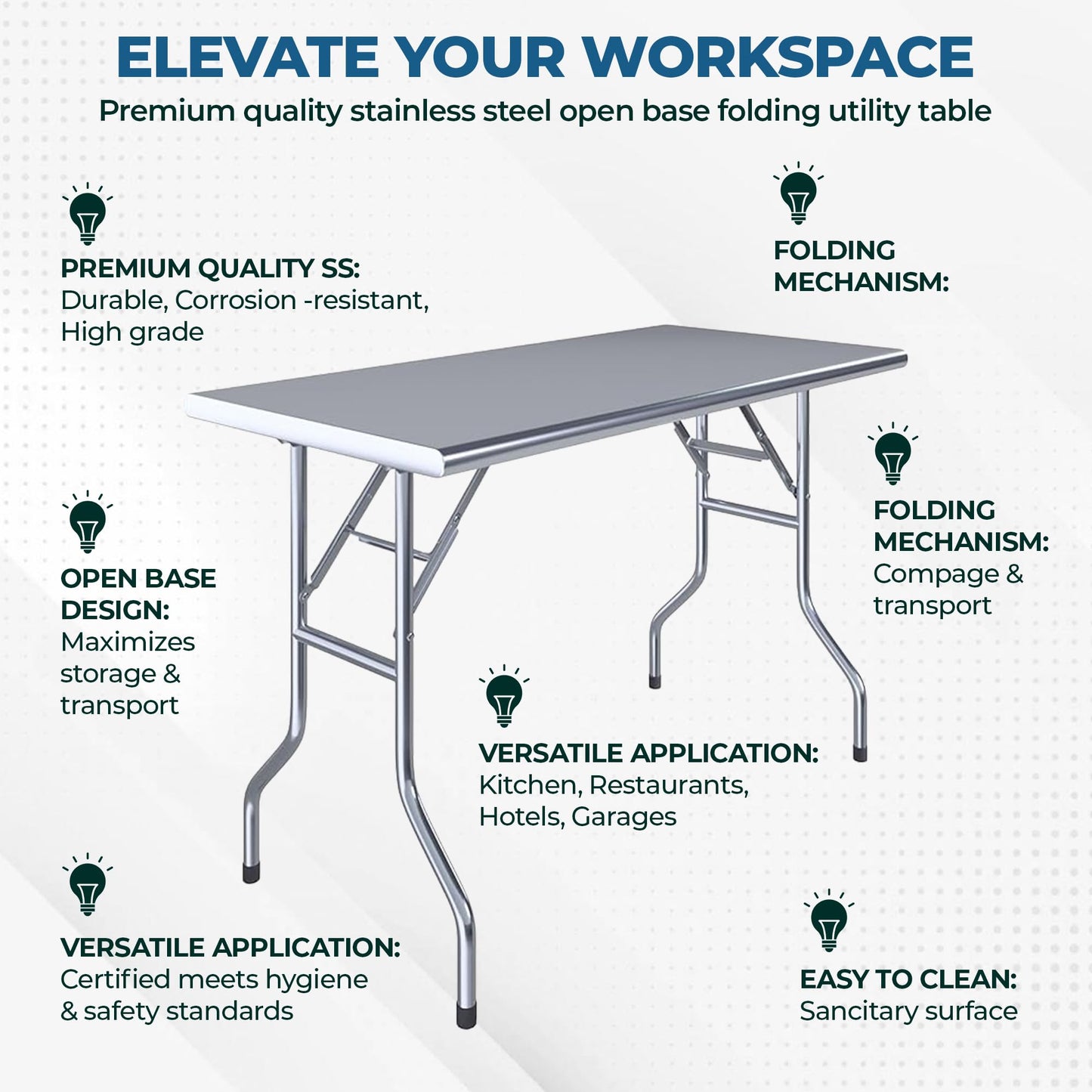 Express KitchQuip Premium Quality Stainless Steel Open Base Folding Utility Table - Folding Work Table for Commercial Kitchen, Restaurant, Hotel and Garage - NSF (24" x 48")