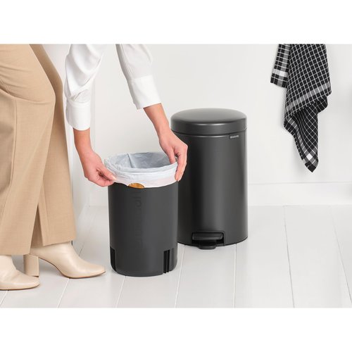 Brabantia Step-On Small Trash Can | Confident Gray | 3.2 Gallon / 12L | Bathroom, Bedroom, Office Trash Can, Light Pedal Opening, Handle & Removable Inner Bucket | 9.9 x 13.3 x 16.2 | + Trash Bags