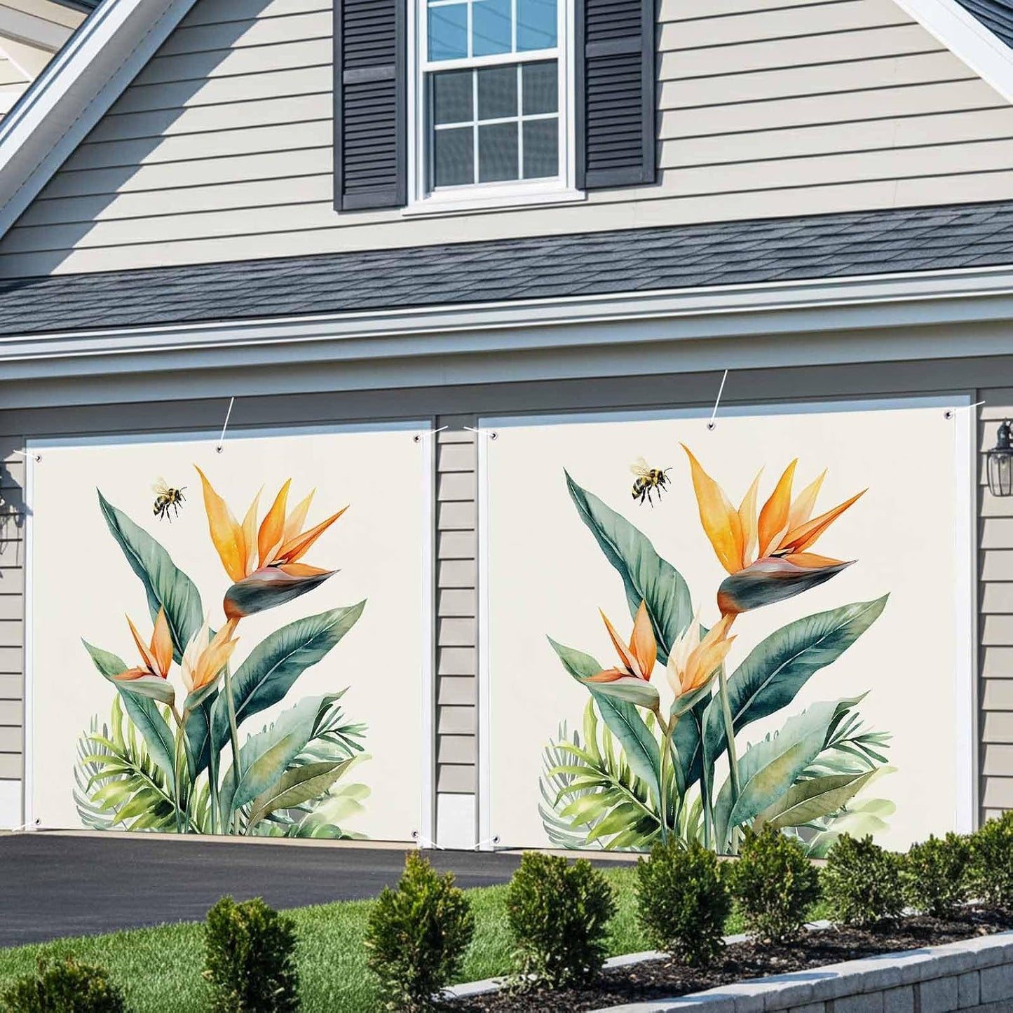 Jimehezon 8x6.9ft Summer Grommets Bird of Paradise Garage Door Banner Tropical Plant Bee Flower Botanical Garage Door