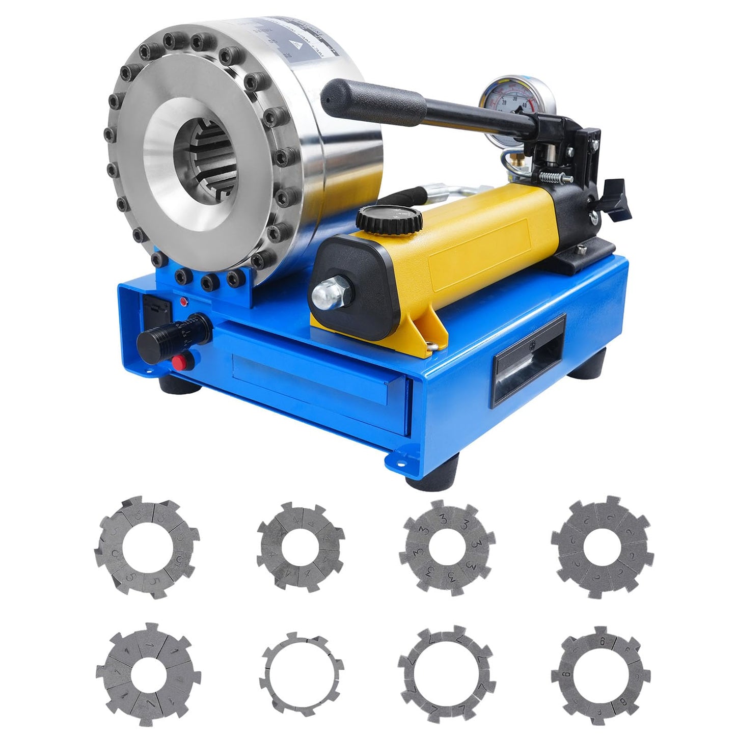sjcdicnj Hydraulic Hose Crimper with 8 Sets of Dies, High Pressure Hydraulic Hose Crimping Tool, 0.01mm Accuracy, Handheld Hose Crimping Machine for Automotive, Industrial & Plumbing Pipes (Sliver)