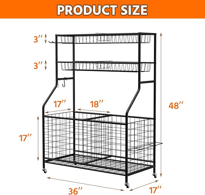 Ultrawall Sports Equipment Organizer, Large Capacity Garage Ball Storage Outdoor Toy Organizer, Ball Cart with Wheels for Football, Basketball