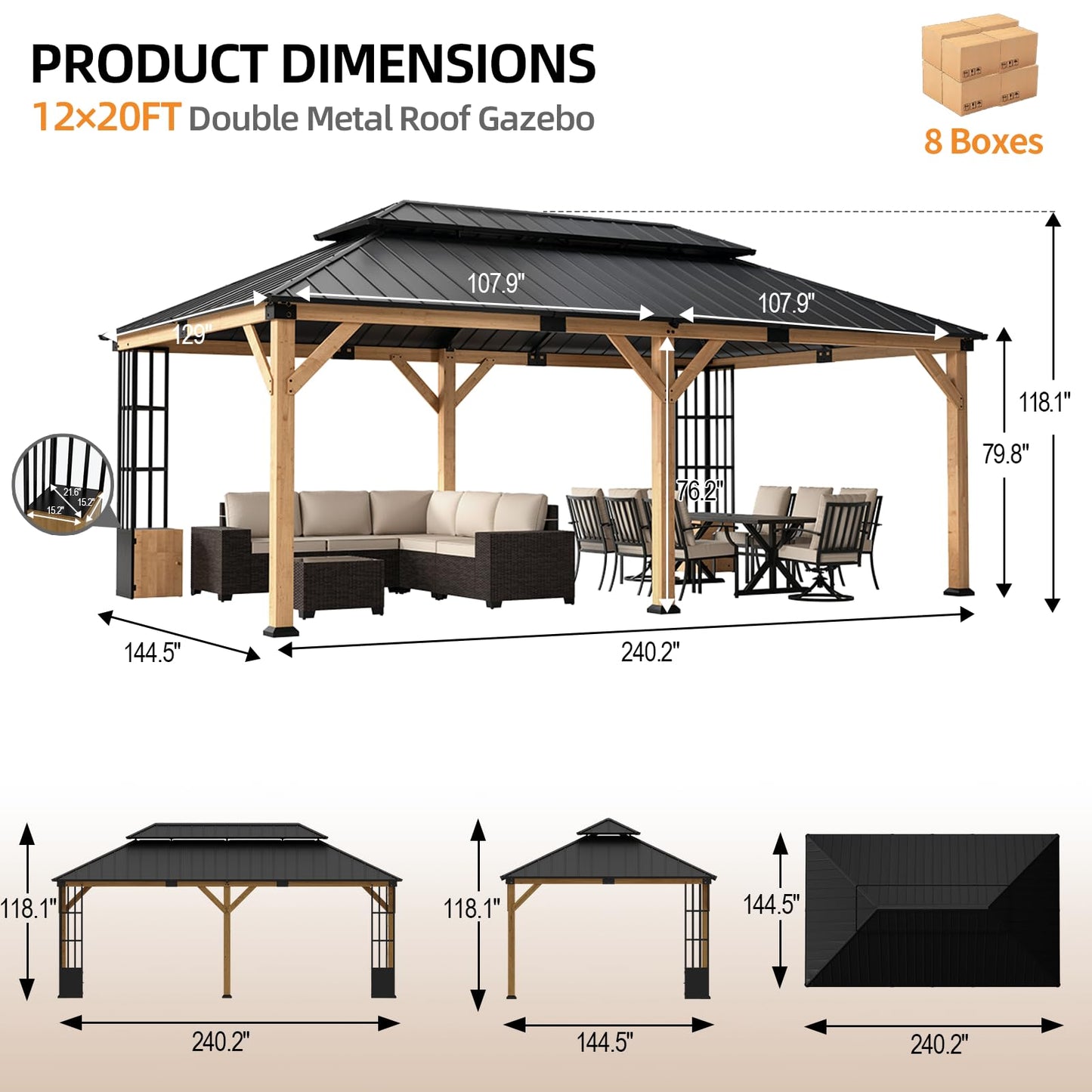 ALAULM 12'x20' Hardtop Gazebo, Outdoor Wood Pergola with Double Metal Roof Metal Corner Frame Shelves Storage,Outdoor Pavilion for Patio, Backyard, Deck,Natural