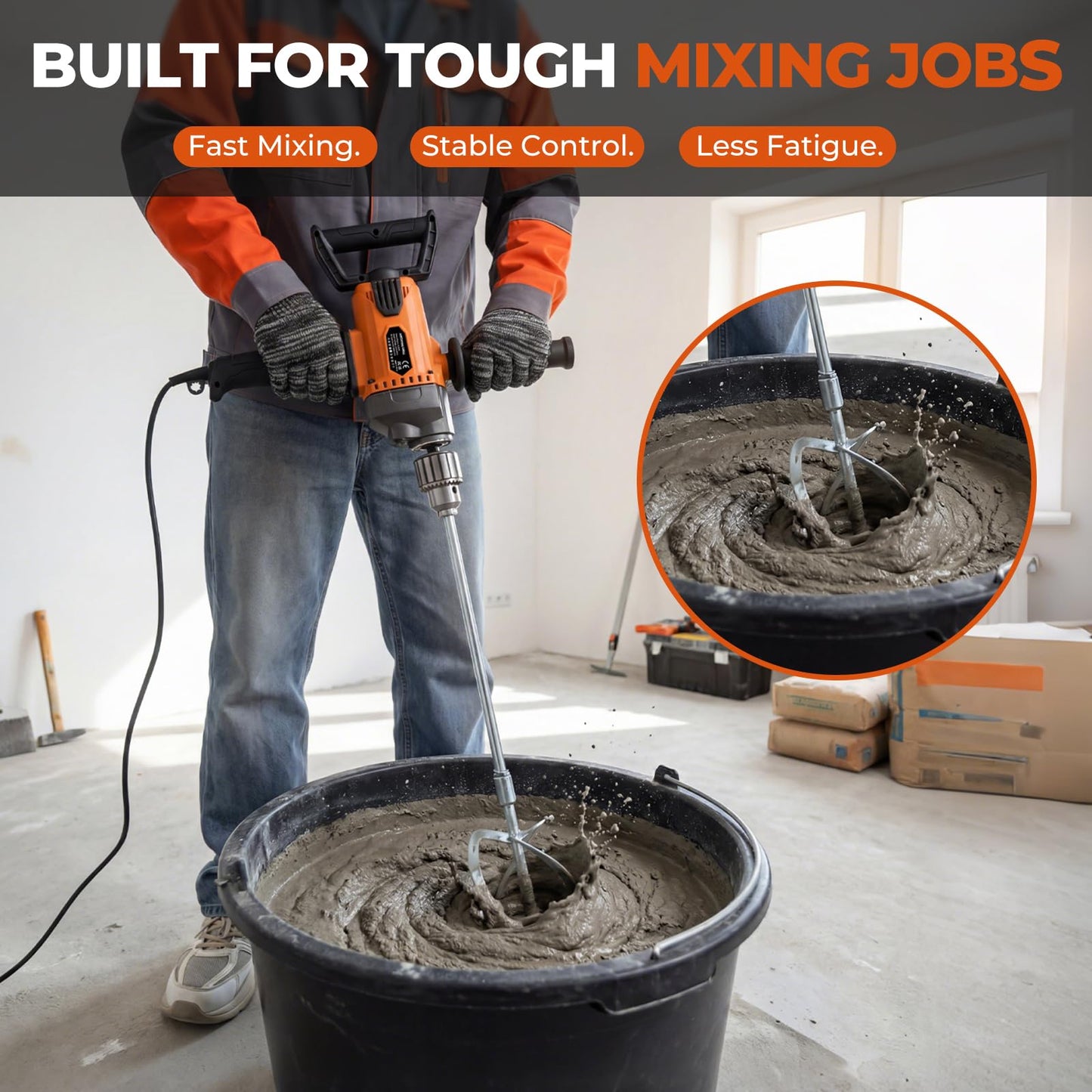 GEARPASS Drill Mixer Set, 20 Amp Corded Mixing Drill with 5/8" All-Metal Chuck, 1100 RPM Heavy Duty Concrete Mud Mixer with 360° Adjustable D-Handle for Cement Mortar Paint Grout Plaster Thinset