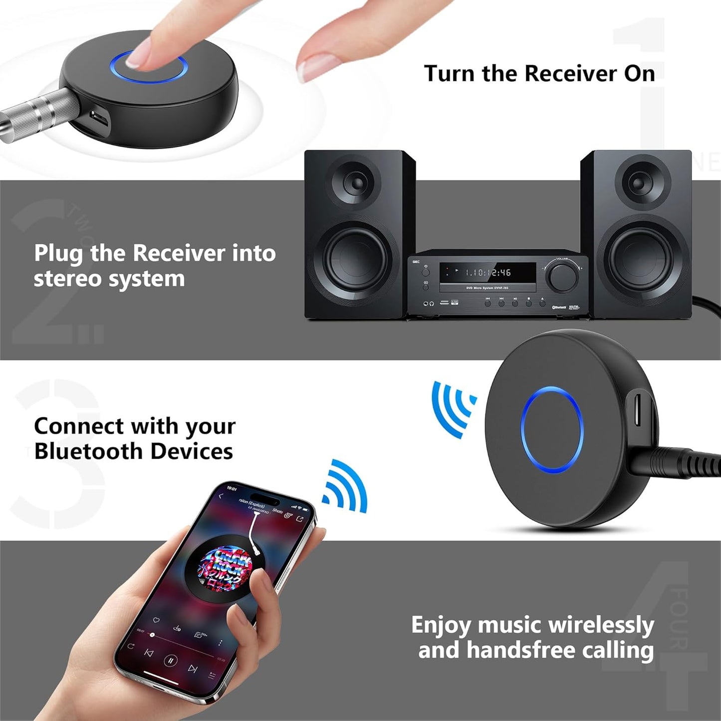SONRU 3.5mm Bluetooth Aux Adapter for Car, Wireless Audio Receiver, Portable Hands-Free Kit with RCA AUX for Home/Car