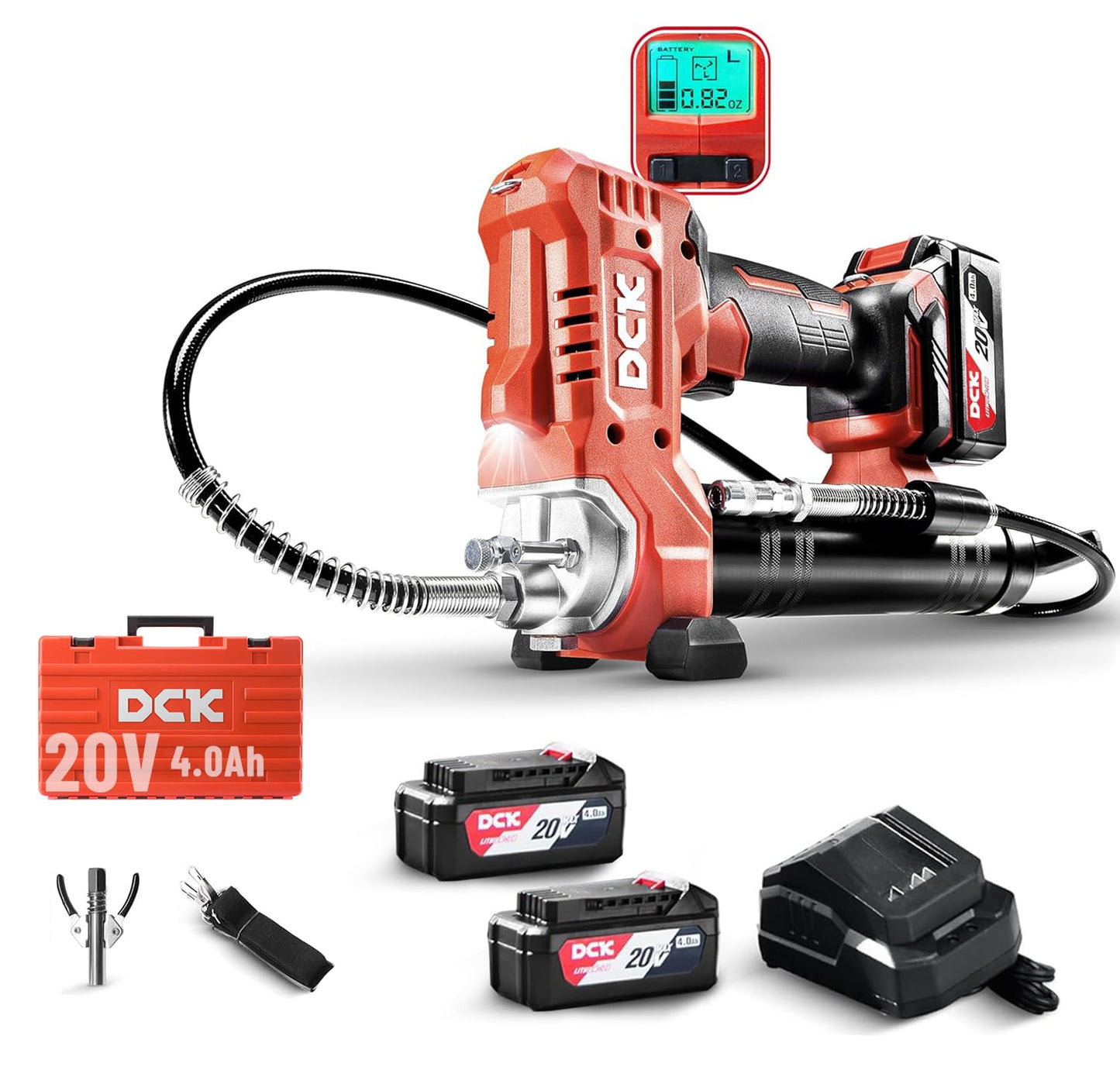 DCK 20V Electric Grease Gun Kit, 10000PSI Cordless Grease Gun with 2×4000mAh Battery and 2.0A Charger, 6oz/Min Max Variable Speed, 40" Long Hose, Lockable Grease Nozzle, LED Light for Farm, Truck