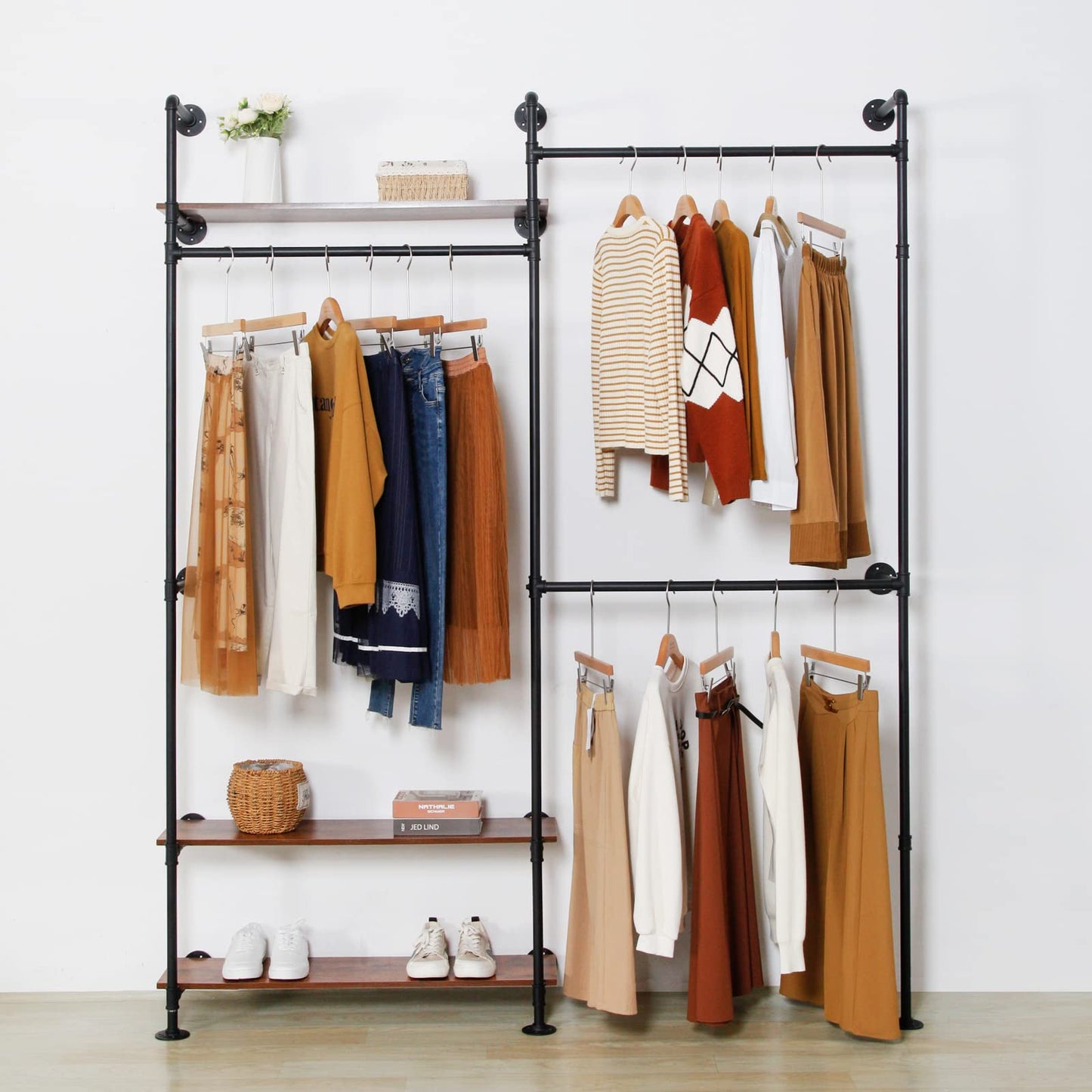 EDCB Clothes Rack Wall Mounted Clothing Rack Heavy Duty Metal Garment Rack Hanging Clothes Rack, Closet Hanger Rack with Shoe Rack (Black, 92.1X76.8inch)