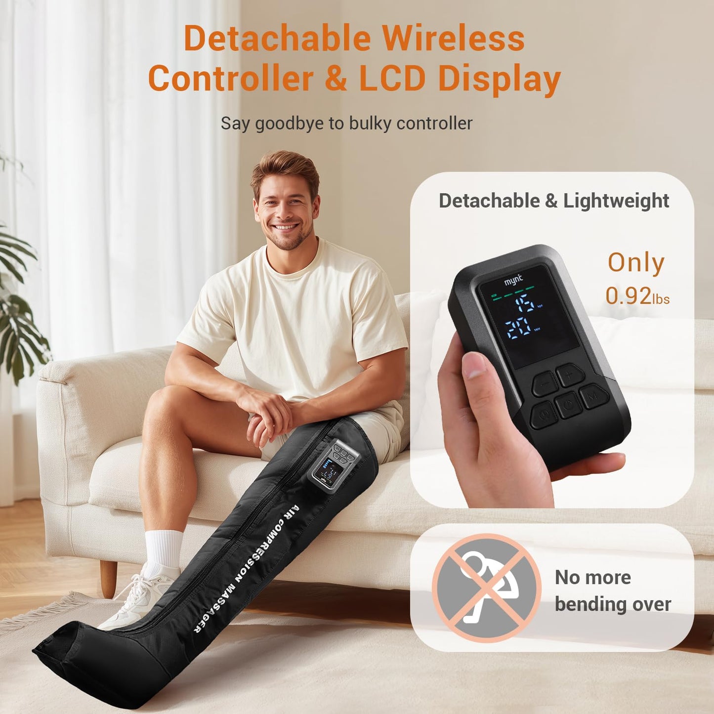Mynt Full Leg Air Compression Massager, Sequential Cordless Compress Therapy Machine for Circulation Pain Relief, Rechargeable Leg Massage Recovery System with Multiple Modes & Intensities for Athlete