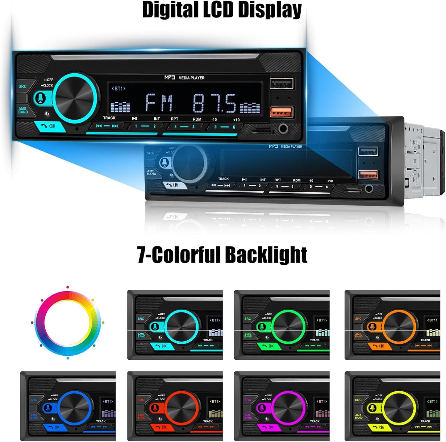 SIXTOP MP3 Single Din Bluetooth Car Radio Stereo Hands-Free Calls Push to Talk Voice Assistant Multimedia Audio System