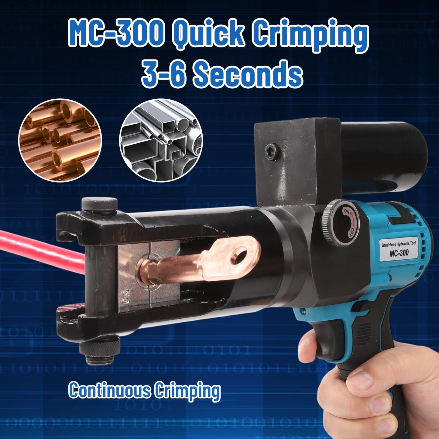 Hydraulic Crimping Tool 80KN Battery Powered 21V 5Ah Lithium-Ion 360° Rotating Head 3-6 Sec Fast Crimping 16-300mm² Copper/Aluminum 6AWG-600MCM with 2 Batteries & Storage Box