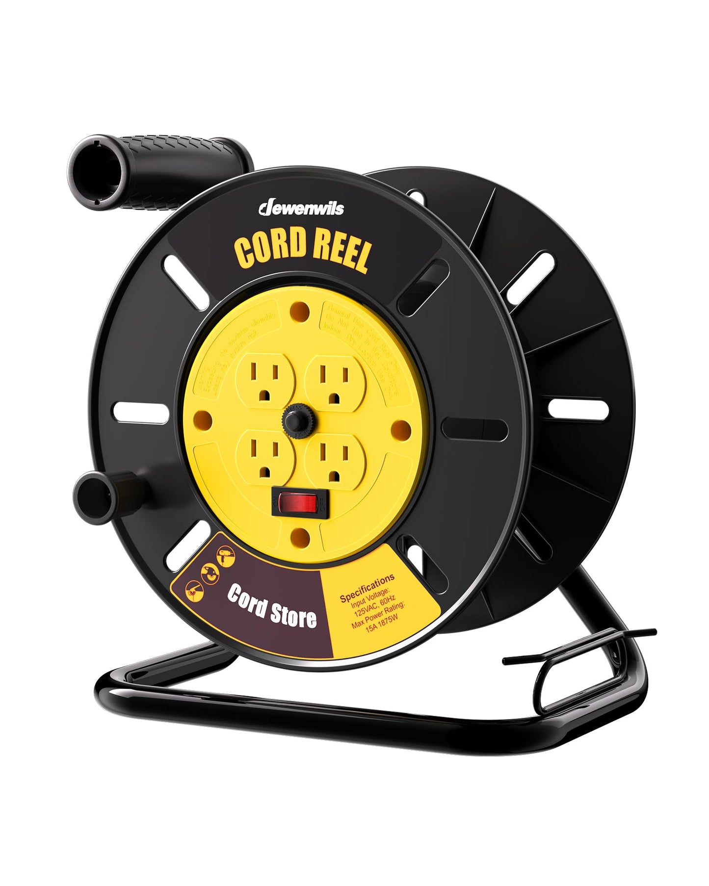 DEWENWILS Extension Cord Storage Reel with 4-Grounded Outlets, Heavy Duty Open Cord Reel for 12/3,14/3,16/3 Gauge Power Cord, Hand Wind Retractable, 15A Circuit Breaker, Rocker Power Switch