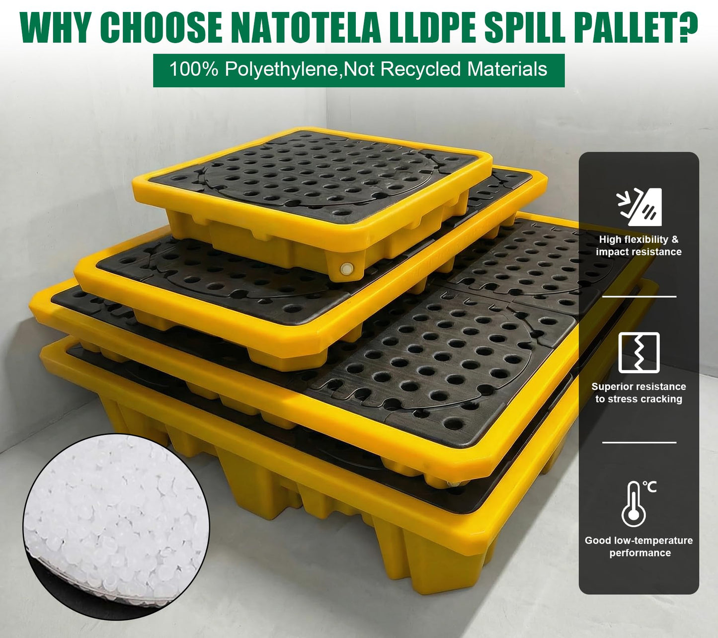 Natotela 4 Drum Large Capacity Spill Containment Pallet Platform with Drain and Forklift Pockets 69 Gallon Sump 51.2x51.2x11.8in 5511 lbs Load Spill Pallet LDPE Containment Tray for Industrial Storage