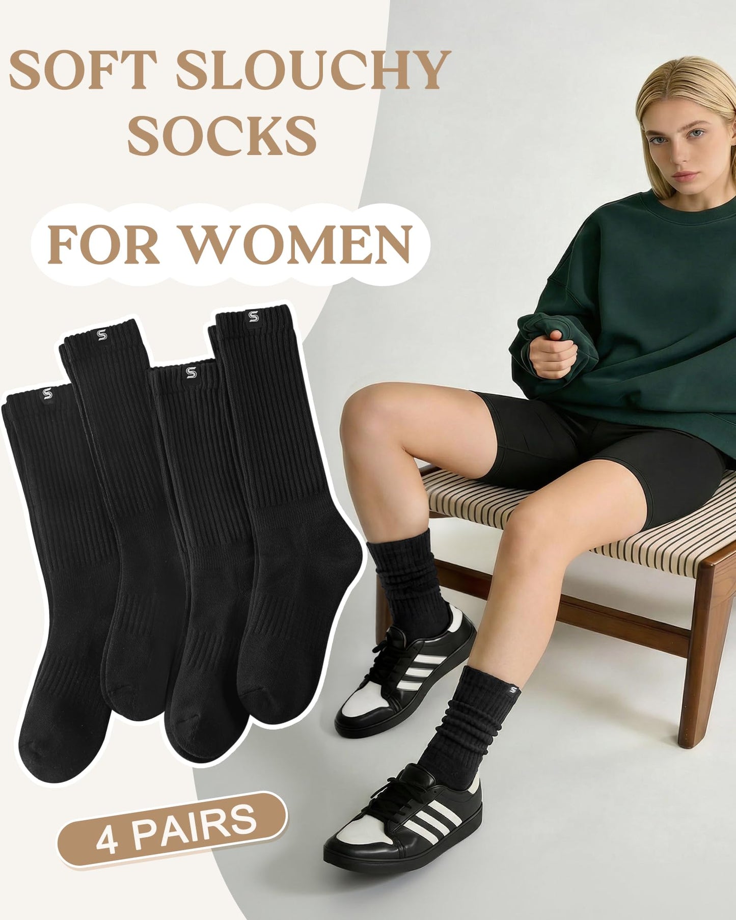 Sorfneo Athletic Slouchy Socks for Women, 4 Pairs Scrunch Cotton Comfy Boot Crew Socks, Size 5-10