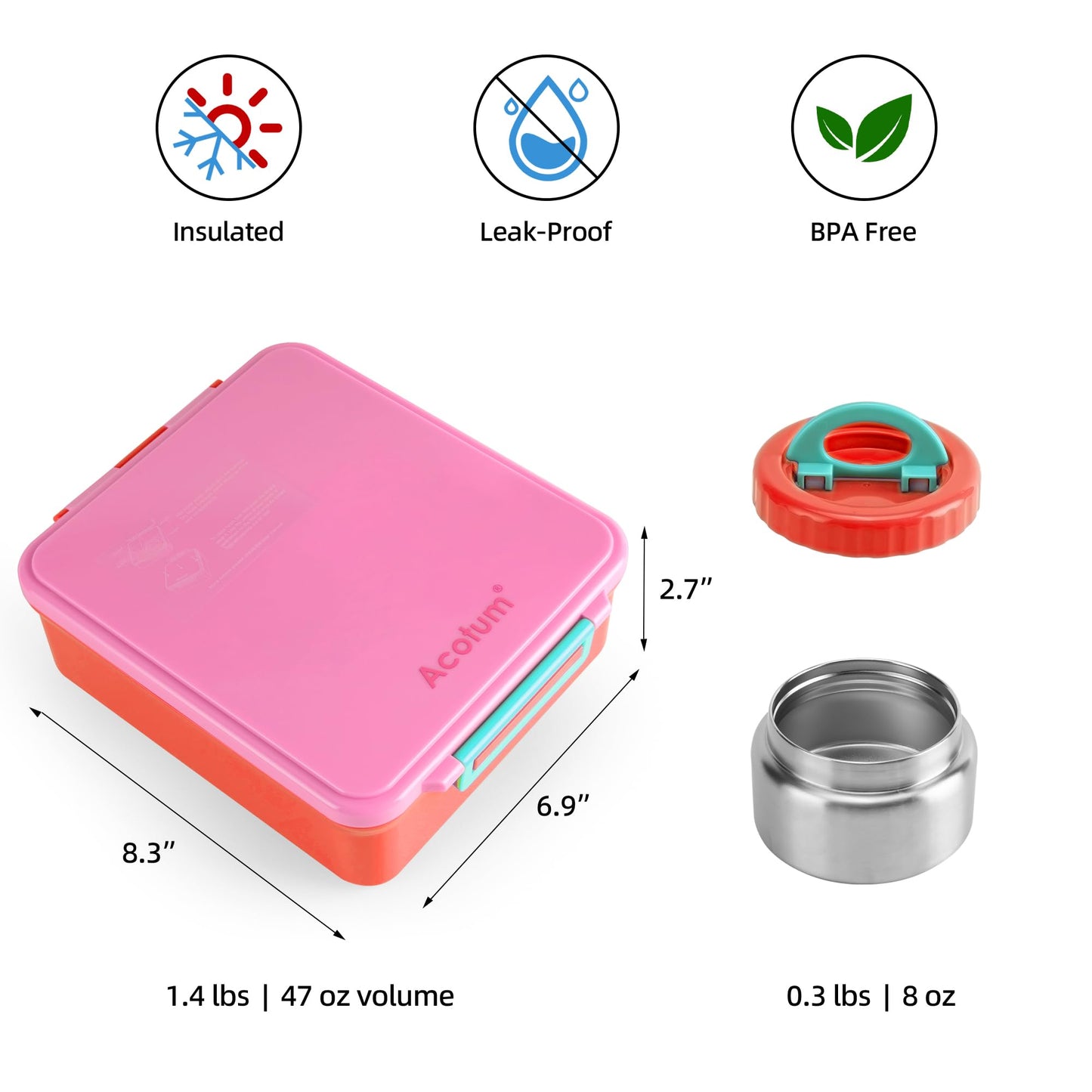 Bento Lunch Box for Kids With 8oz Soup Thermo,Leak-proof Lunch Containers with 4 Compartment,Thermo Food Jar, Food Containers for School(Vermilion)