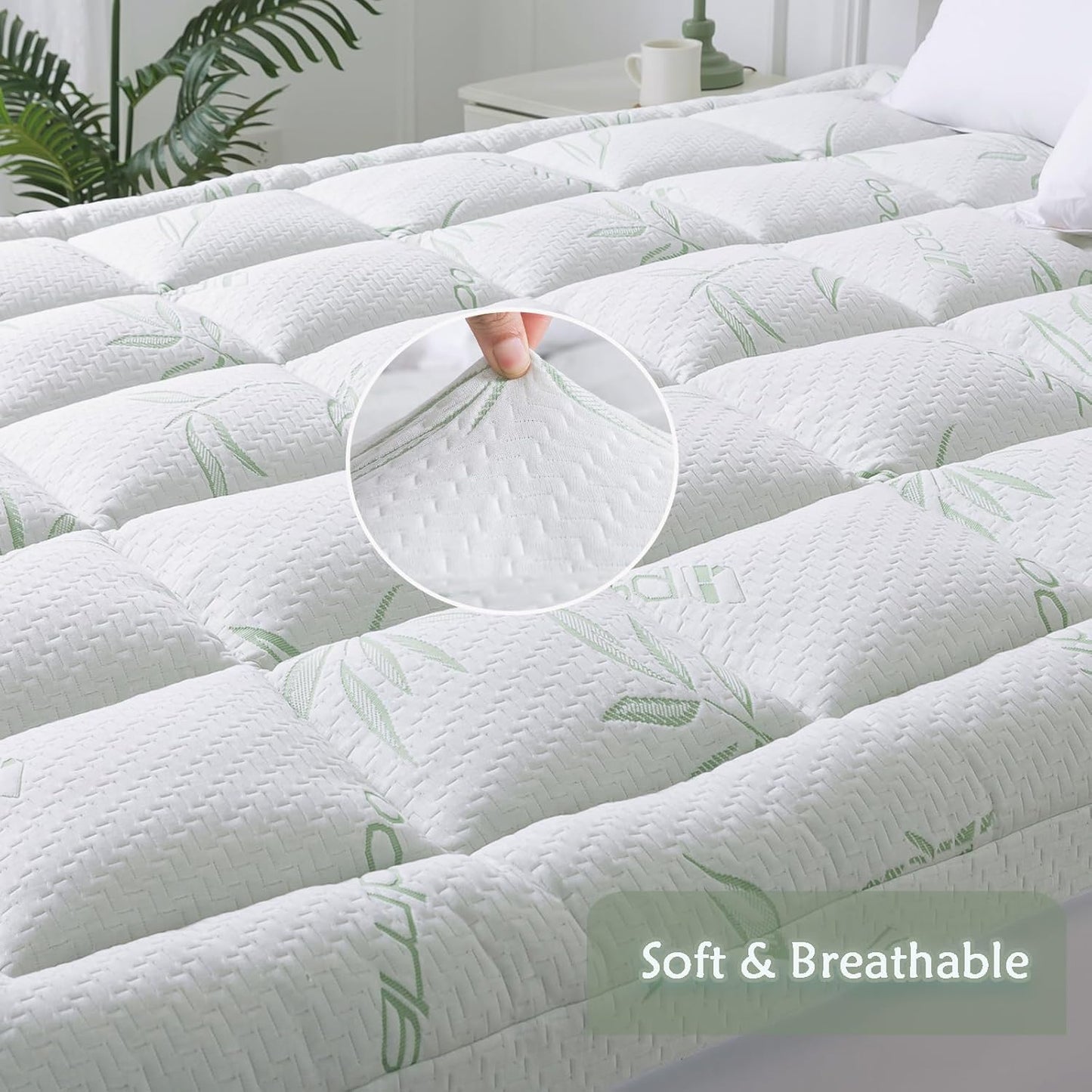 WhatsBedding Queen Mattress Topper - Soft Pillow Top with Deep Pocket & Bamboo Viscose Air Layer