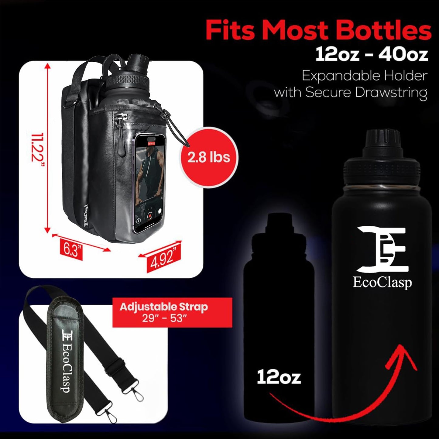 EC Ecoclasp Magnetic Gym Bag Water Bottle Holder Small Bag for Men Women Waterproof 900D Gym Gifts 32oz Insulated Water Bottle Towel Set