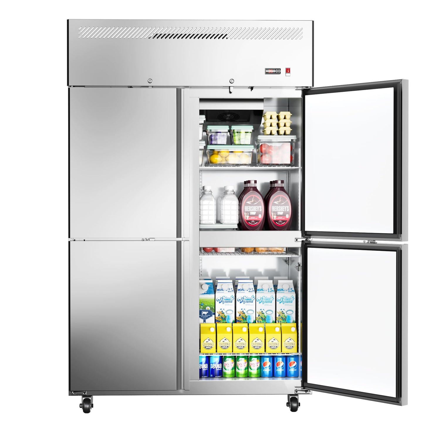 ECEVT 48" W 4 Door Commercial Refrigerator, 36 Cu.ft Stainless Steel Industrial Fridge (32℉~47℉) with 8 Adjustable Shelves, Lockable Door, Wheels, Auto-Defrost for Restaurant, Kitchen, Shop