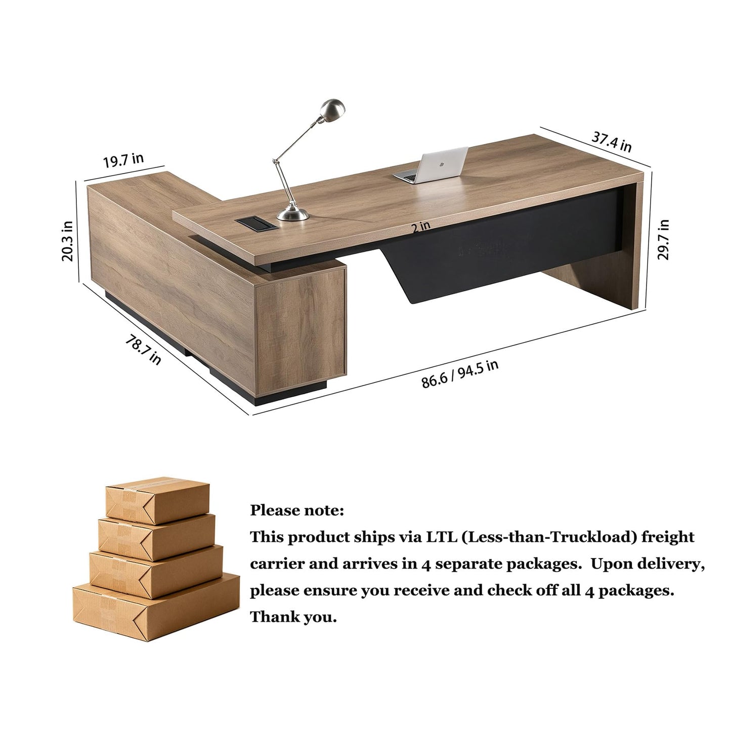 ONNAHOMEStlyle L Shaped Desk with File Drawer, Solid Wood Large Executive Desk for Home Office, Adjustable Width (86.6" to 94.5"), Storage Cabinet & 2 Drawers, Right Return