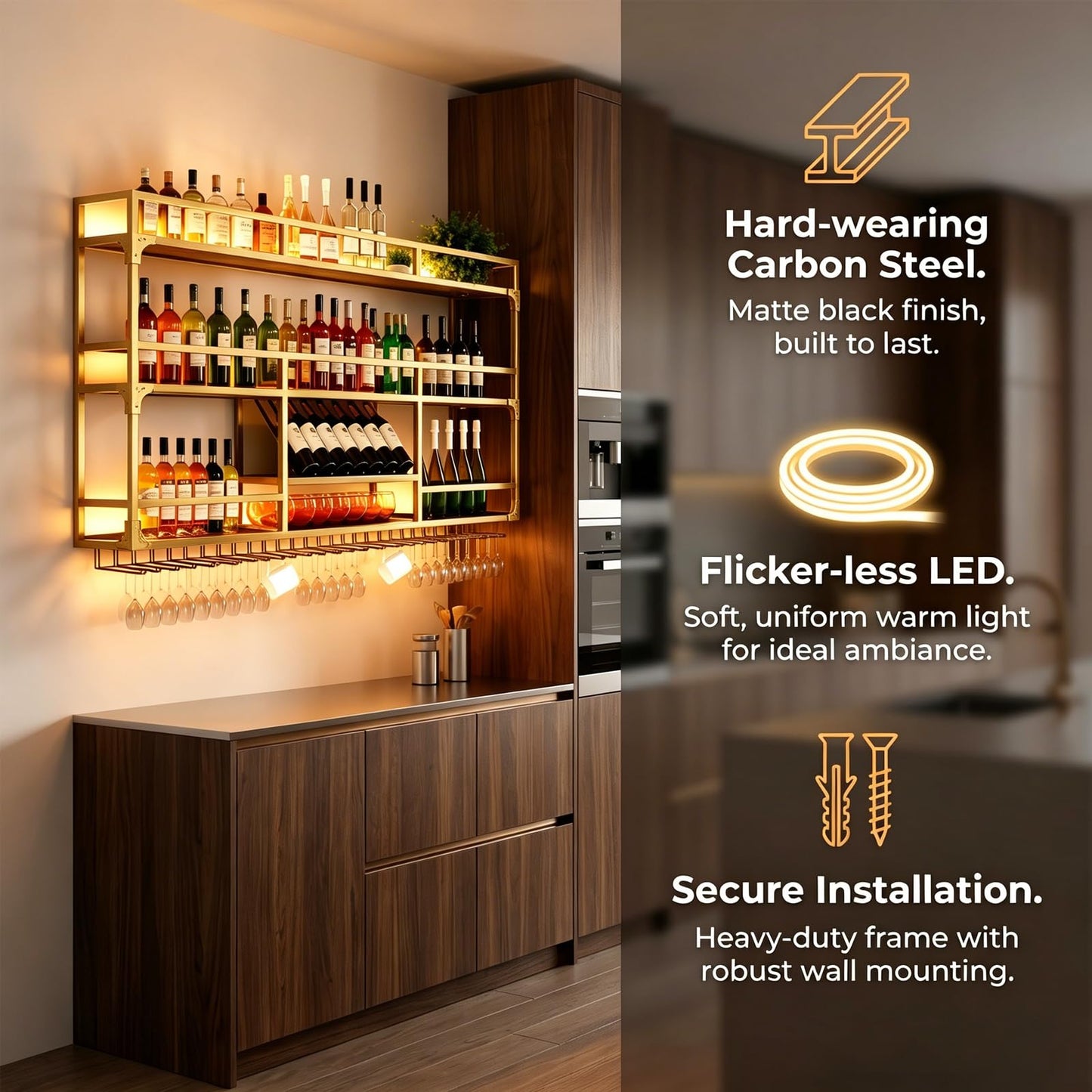 RAJYQODIS 59in Wall Mounted Wine Rack, Floating Industrial Liquor Glass Holder 3 Tiers, Large Metal Wine Bottle Display Rack Hanging Shelf, for Home Bar Dining Room Decorative