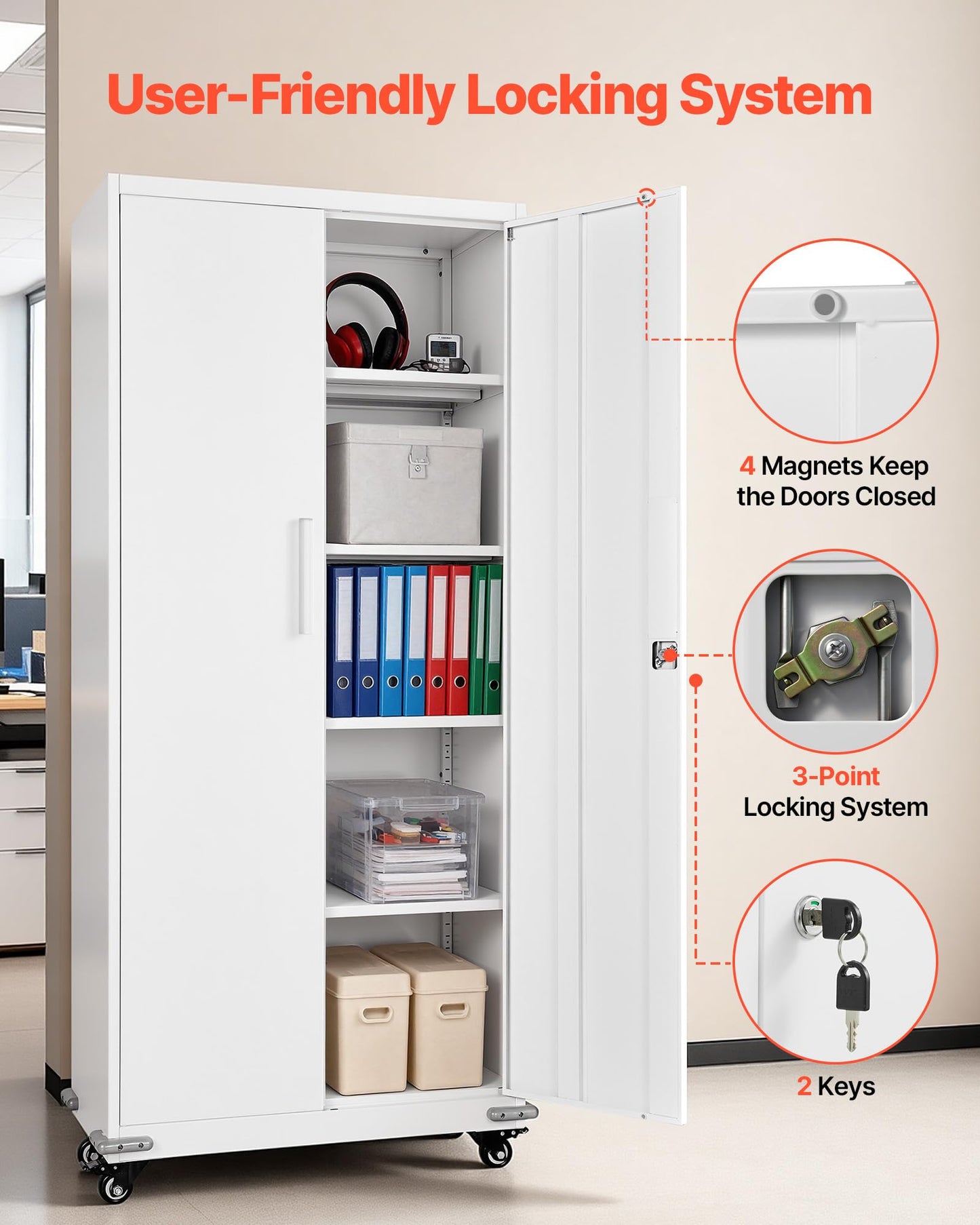 VEVOR Metal Storage Cabinet, 72.6 in Rolling Steel Garage Cabinet with 4 Adjustable Shelves, 2 Magnetic Doors & 2 Keys, 5 Tiers Lockable Tool Storage for Pantry, Warehouse, Basement, Office, White