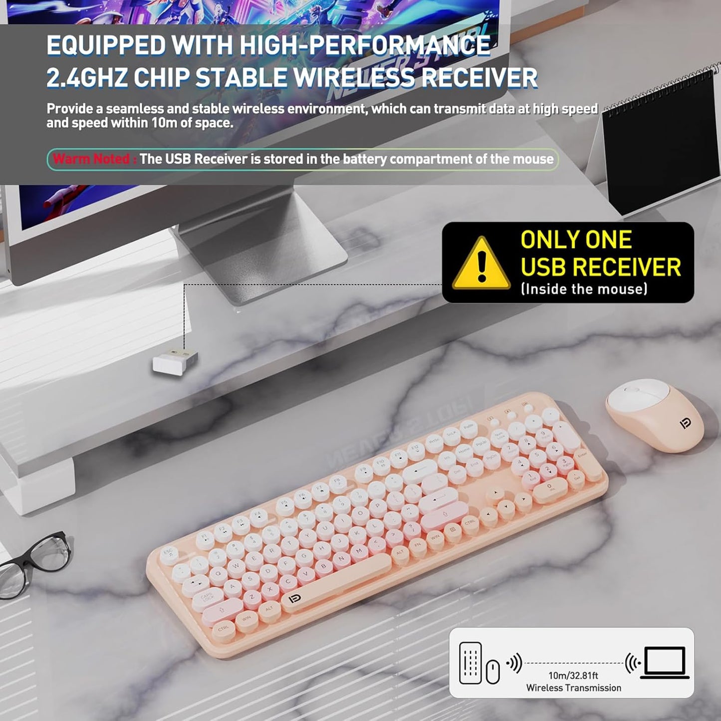 FOPETT 2.4 Wireless Keyboard and Mouse Combo, GHz Full-Sized Wireless Keyboard Mouse with Round Keycaps for Windows