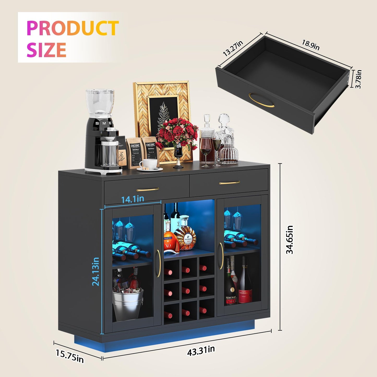 knoworld Wine Bar Cabinet with LED Lights, Coffee Bar Cabinet with Wine and Glass Rack, Black Bar Cabinet Liquor Cabinet, Kitchen Buffet Sideboard with Storage for Living Room, Dining Room