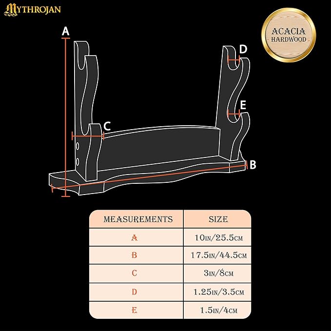 Mythrojan Solid Wood Sword Stand Wall Mount Display Rack for Medieval, Samurai, Katana & Knife Collections Durable, Stylish, Space-Saving Holder - Two Tier Stand