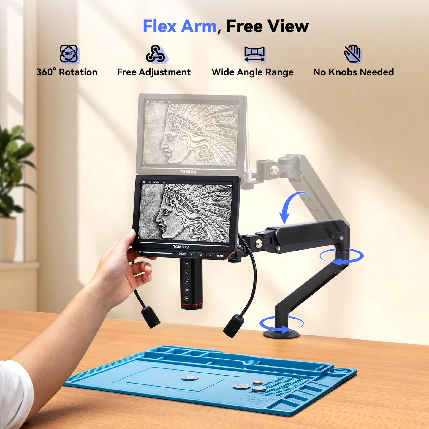TOMLOV Autofocus 4K Digital Microscope: 8" TM4K-AF Flex Arm HDMI Micro Soldering Microscopes for Adults, Side Lights Coin Microscope, 52MP LCD Microscopes with Screen, Electronics Repair Mat,16GB