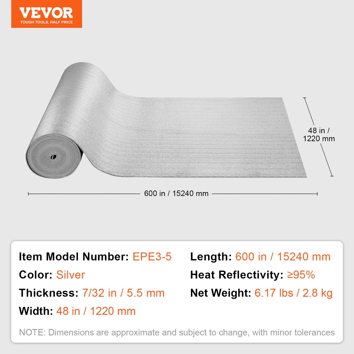 VEVOR Double Reflective Insulation Roll, Foam Core Radiant Barrier, 5.5mm 48 in x 50 ft, Double-Sided Aluminum Foil EPE Foam Heat Reflective Shield, Thermal Insulation Roll for Window RV Roof