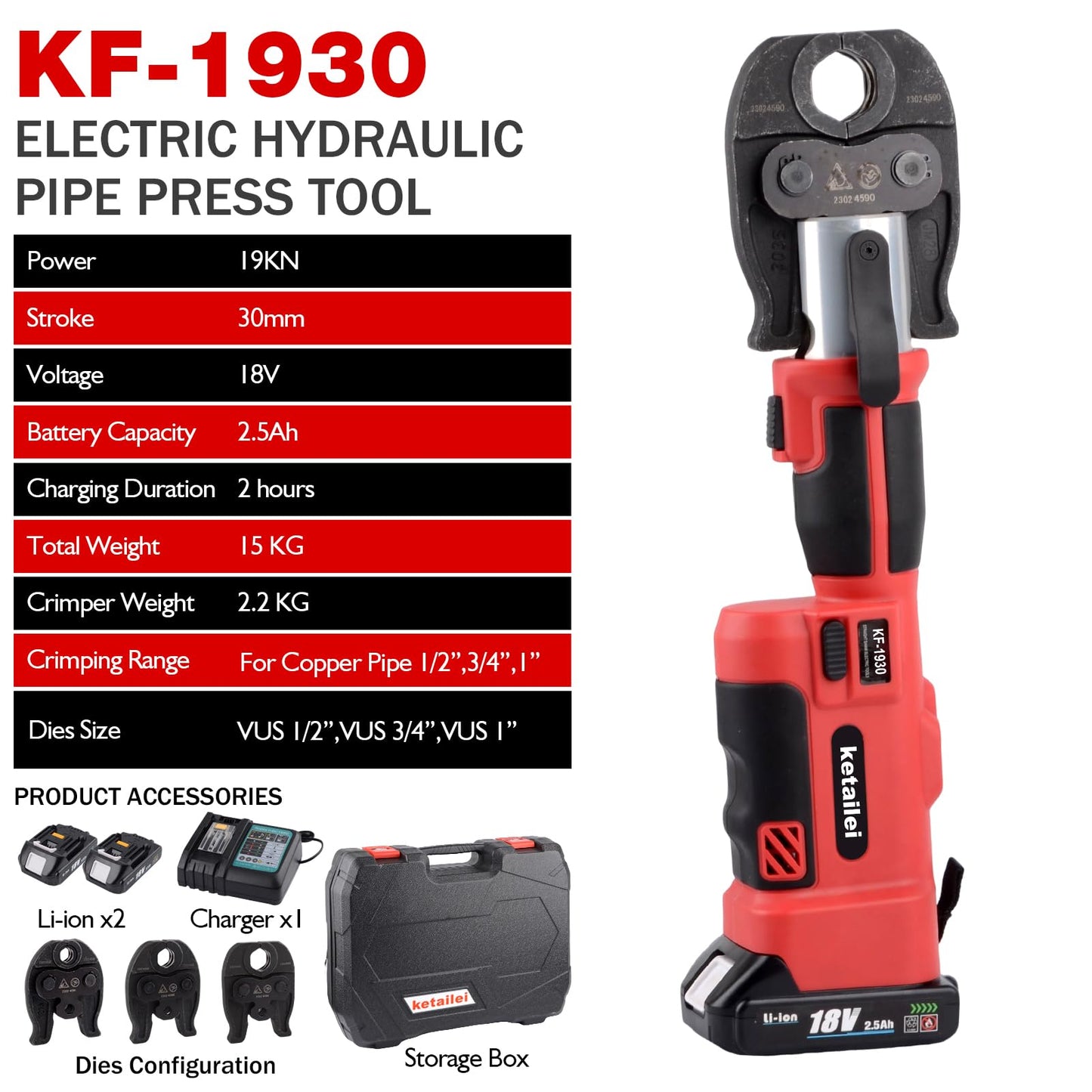 ketailei Pro Press Copper Pipe Crimping Tool Kit - 2x 5.0Ah Battery Powered - 1/2" 3/4" 1" US Standard Jaws - Cordless Electric Hydraulic Copper Pipe Crimping Tool for Plumbers（KF-1930）