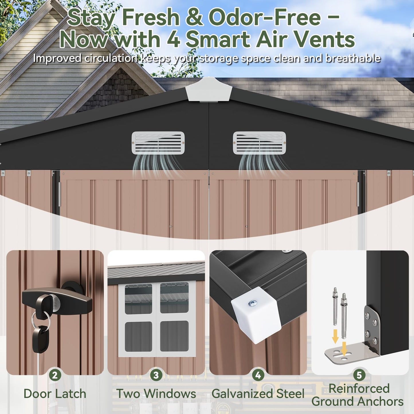 Aoxun 8x12 FT Outdoor Storage Shed Metal Sheds with Open Firewood Storage,Galvanized Steel Garden Shed with Lockable Doors,Sloped Roof,Windows, 2 in 1 Large Tool Shed for Patio, Backyard, Lawn (Brown)