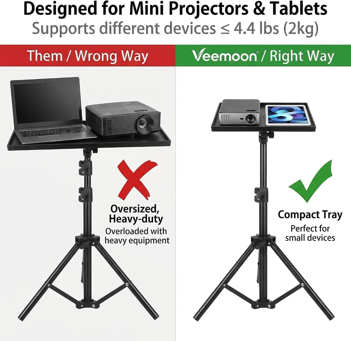 44. 88 Inch, 4.4lbs, 7.09 9.8) Veemoon Small Projector Stand Tripod with Tray, Adjustable Laptop Tripod Holder