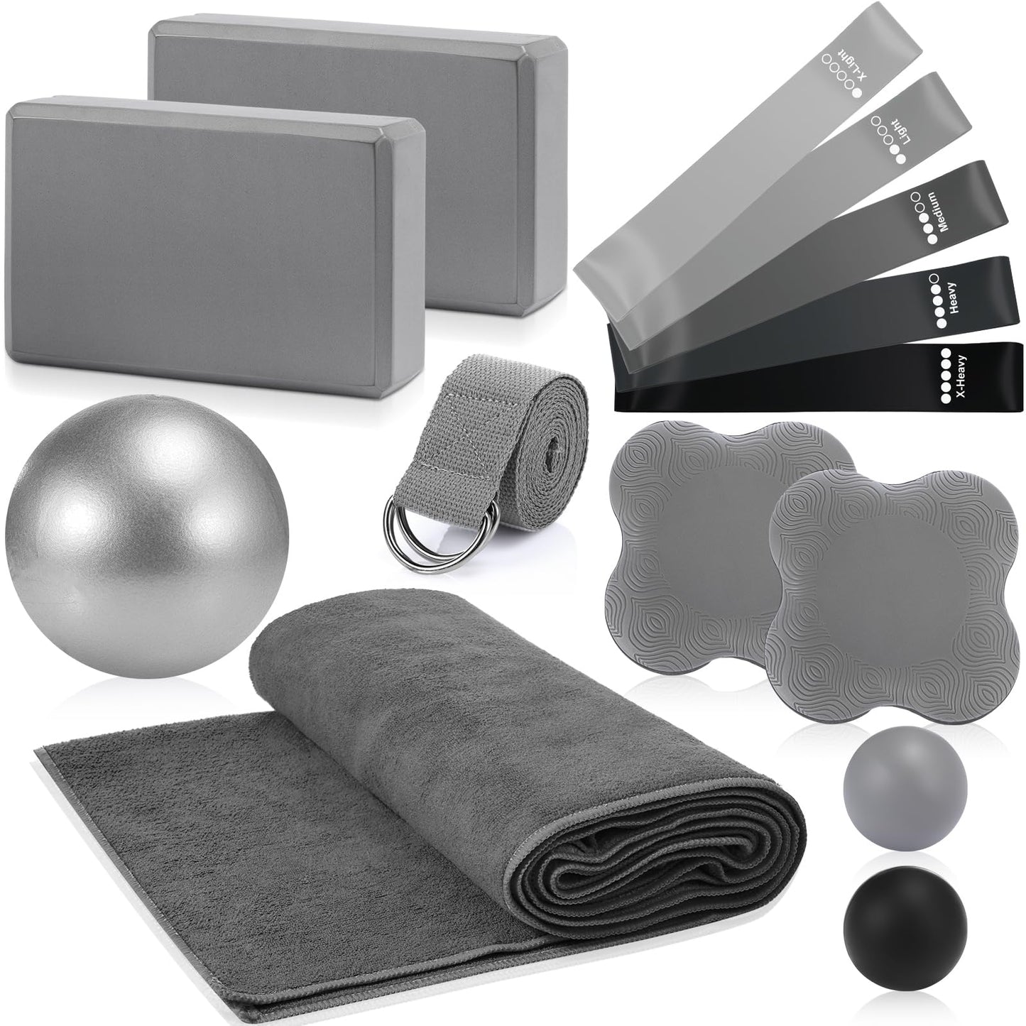 Simgoing 14 Pcs Yoga Kits for Home Workouts Pilates Equipment Set for Women Beginners, Hot Yoga Towel Blocks Strap, Knee Pad, Resistance Loop Exercise Band, Massage Lacrosse Ball, Pilates Ball(Gray)