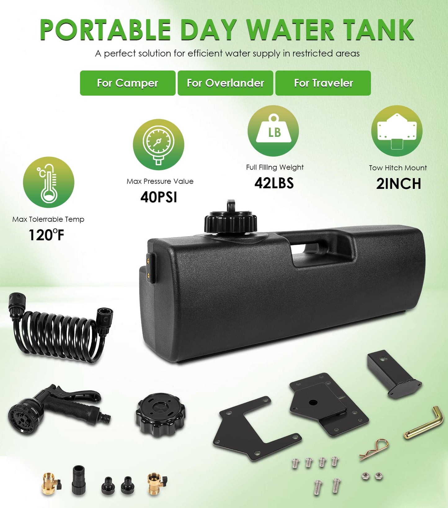 4.0 Gallon Pressurized Water Tank, Portable Camping Shower Water Storage with Spray Hose Bumper Mount or Bed Mount for Pick-up Trucks & Off-Road Vehicles Outdoor Activities Water Supply