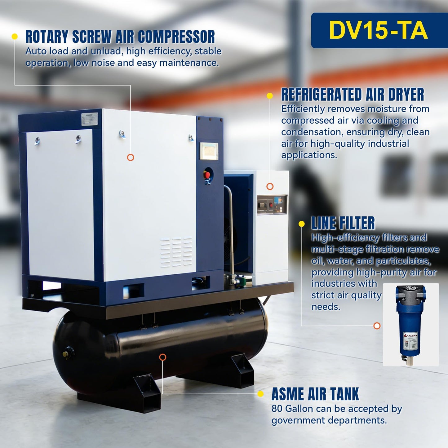 DAVV 20HP/15KW VSD Permanent Magnet Rotary Screw Air Compressor for Laser Cutting – 230PSI / 42CFM, 80Gal ASME Tank, Refrigerated Air Dryer & Filters, 230V 3-Phase 60Hz