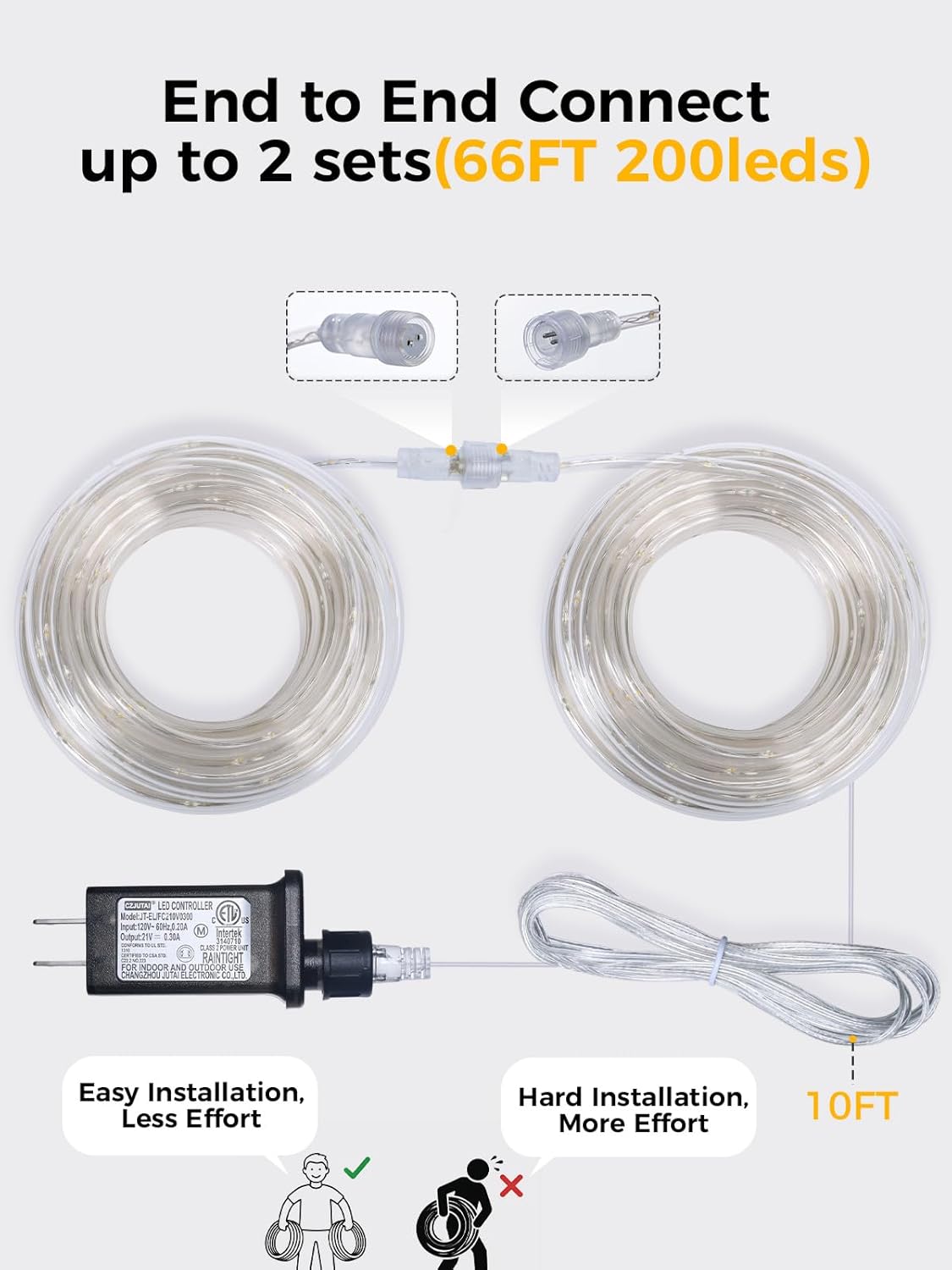 Skiennix Connectable Rope Lights - 66FT 200 LED Waterproof Tube Light | 8 Modes Remote for Indoor/Outdoor Use