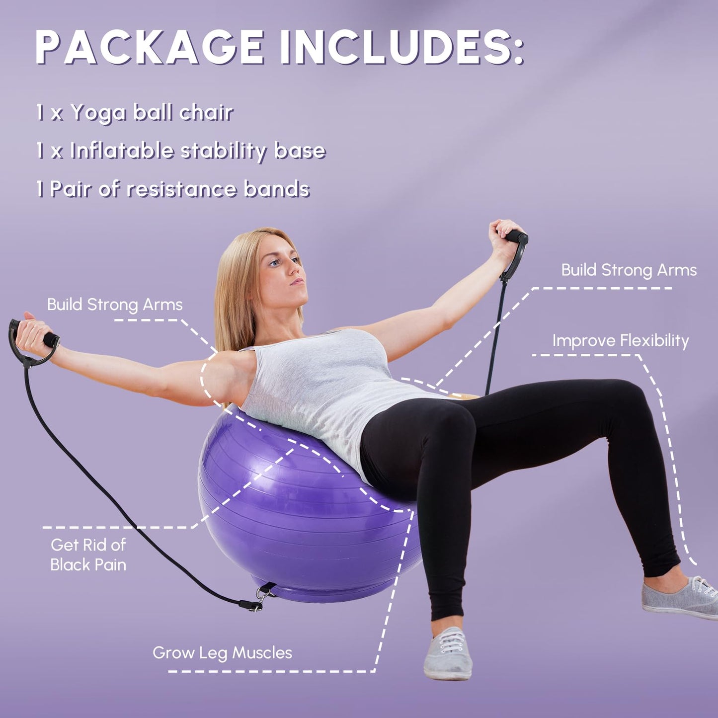 Blueweenly Yoga Ball Chair with Inflatable Stability Base Resistance Bands 65 cm Stability Ball Large Exercise Ball for Home Workout Office Desk Sitting Gym Fitness Back Pain Balance, Include Air Pump
