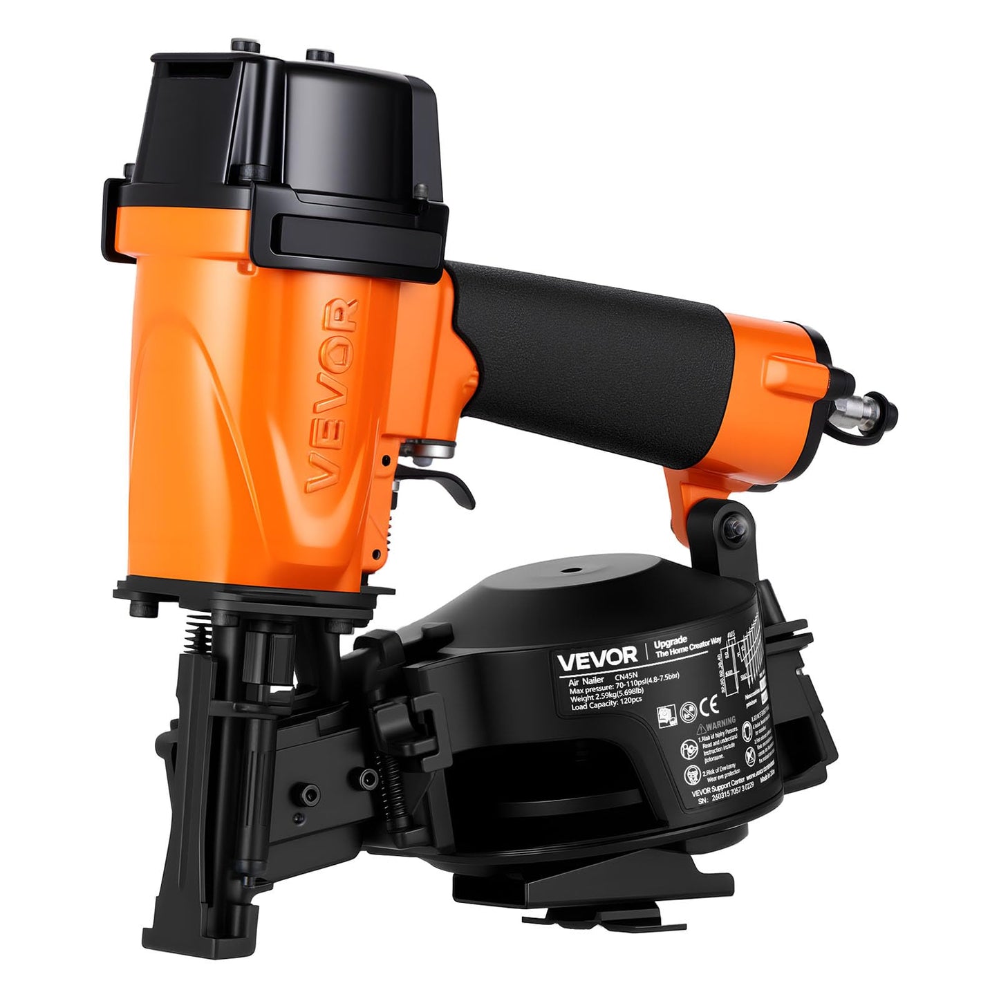 VEVOR Professional Roofing Nailer CN45N, 3/4" to 1-3/4" 15 Degree Air Roofing Nail Gun, 4–5 Nails/S Ultra-Fast Nailing, 70-110 PSI Pneumatic Coil Nailer for Asphalt Shingles, Roof Sheathing