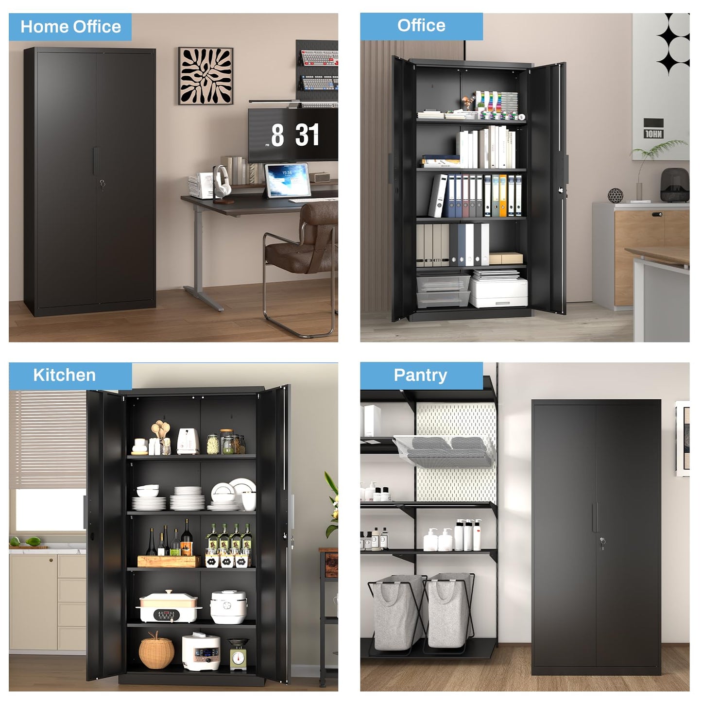 HOMOFFICE Metal Garage Storage Cabinet with Lock, 71" Tall Steel Storage Locker with 4 Adjustable Shelves, Heavy Duty Metal Cabinet for Garage, Office, Home, 31.5”W × 16.5”D, Black