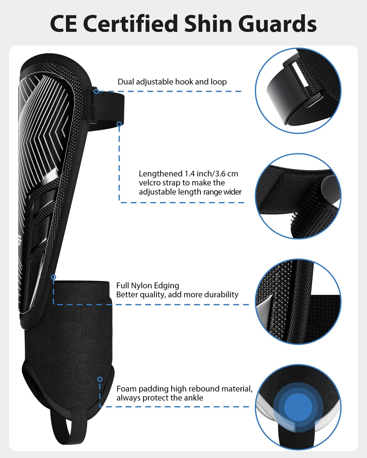 Upgraded Soccer Shin Guards Pads for Kids Youth Adults, CE Certified AirsFish Shin Guard Sleeves Protection Gear for Boys Girls Soccer Games EVA Cushion Reduce Shocks and Injuries (Medium, Black)
