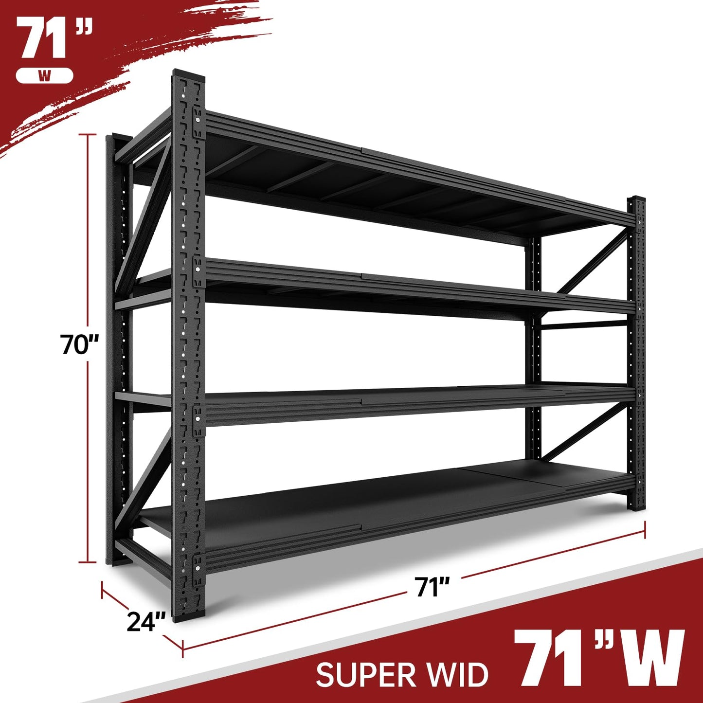 RAVIGIN 5000LBS Storage Shelves,71" W Garage Shelving Heavy Duty Metal Adjustable Garage Shelves, Shelving Units Industrial Shelving for Warehouse,71" W x 24" D x 70" H,Black