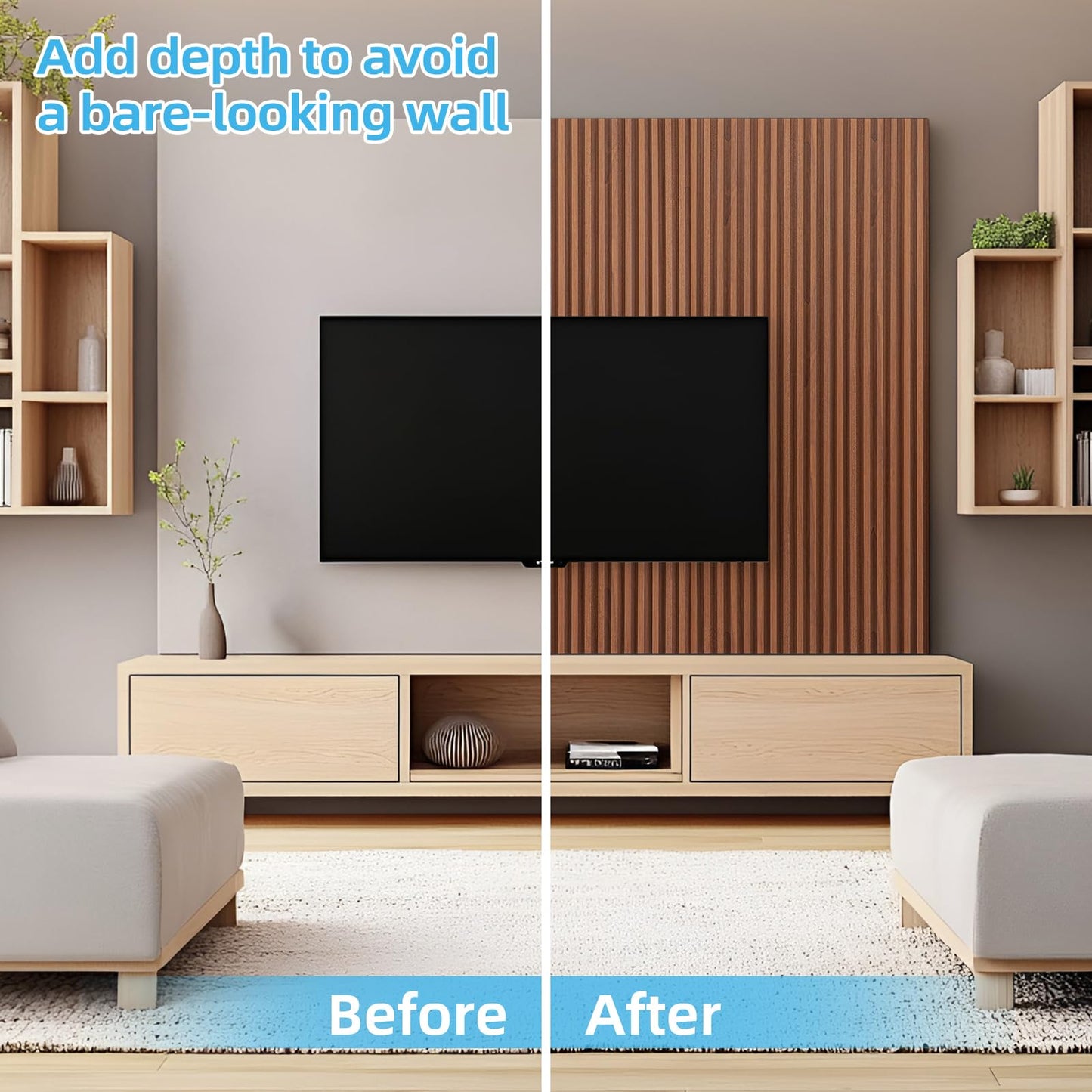 AMZDEPOT 16 Pack WPC Wainscoting Panels, 3D Wall Panels for Interior Wall Decor, Living Room, Bedroom, 51.18 x 6.69 Inch Fluted Textured Wood Slats, Teak