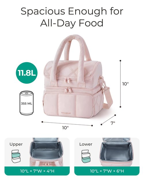 BAGSMART Lunch Bag Women, Double Deck Insulated Lunch Box, Quilted Puffer Lunch Tote, Leakproof, Durable & Reusable Large Lunch Cooler For Work Picnic Travel Meal Prep, Dark Pink