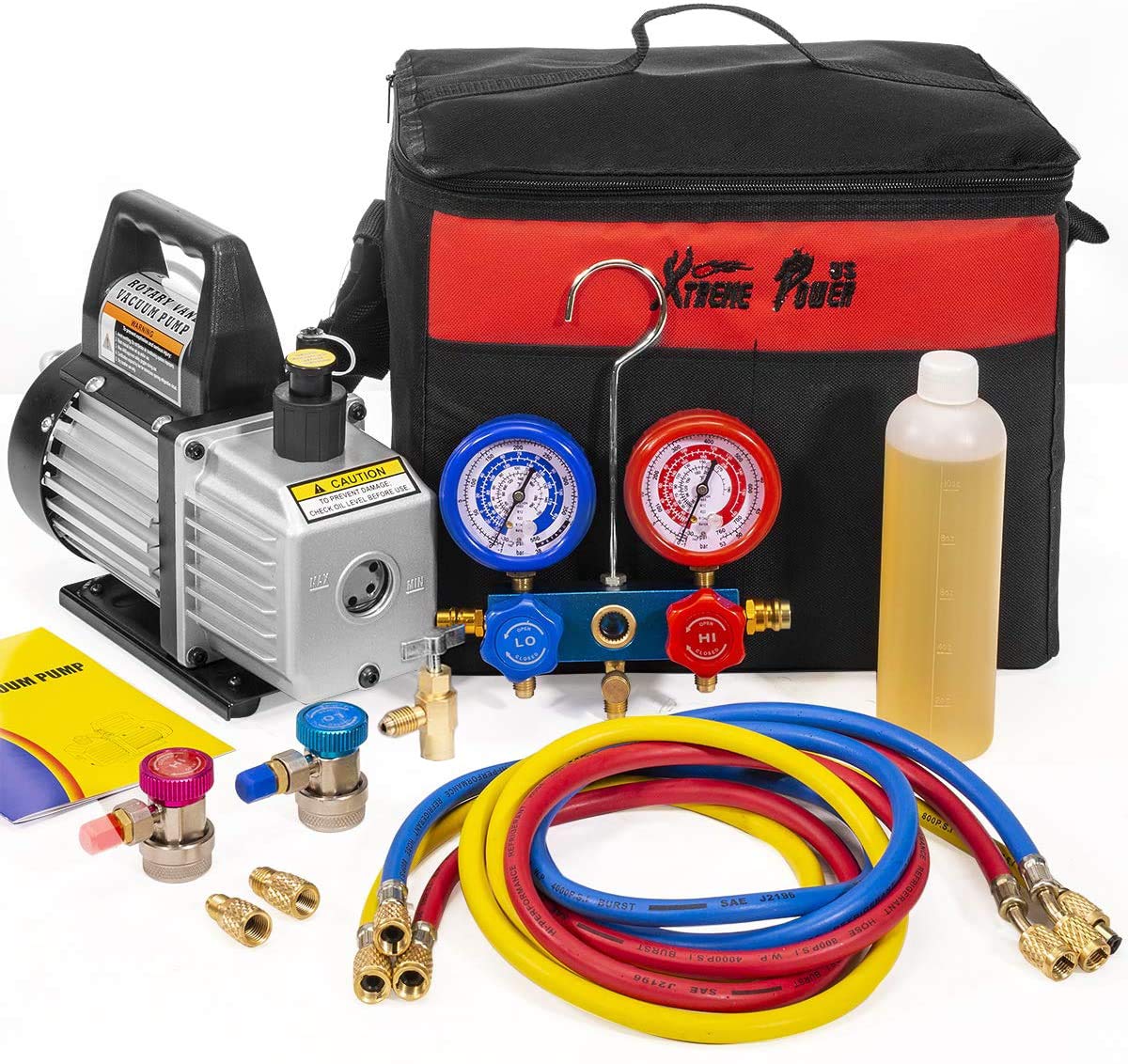 XtremepowerUS 3CFM 1/4HP Vacuum Pump HVAC R134a, R12, R22, R410a, A/C Refrigeration R134 Can Tap Adapter, R134 Quick Connector AC Manifold Gauge Air Conditioner Oil Bottle w/Bag