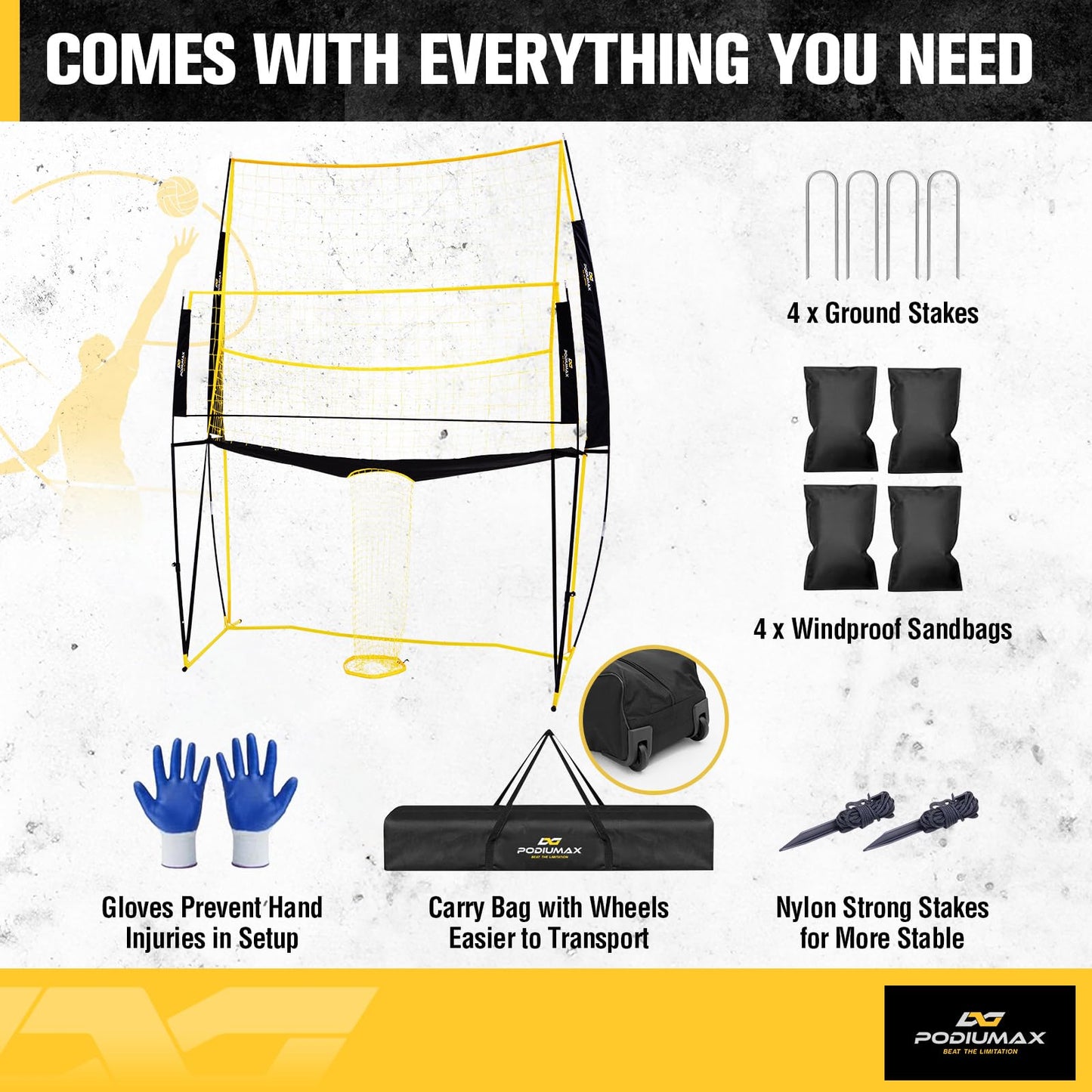 PodiuMax Volleyball Training Equipment, 11x8FT Adjustable 6.5–8 ft, Volleyball Practice Net for Serve & Spike, 2-in-1 Train & Play, Fast Setup, Stable Frame Training Net for Backyard Indoor Outdoor